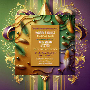 Pastel Mardi Gras Festival Bash Feathers Bead Gold Invitation
