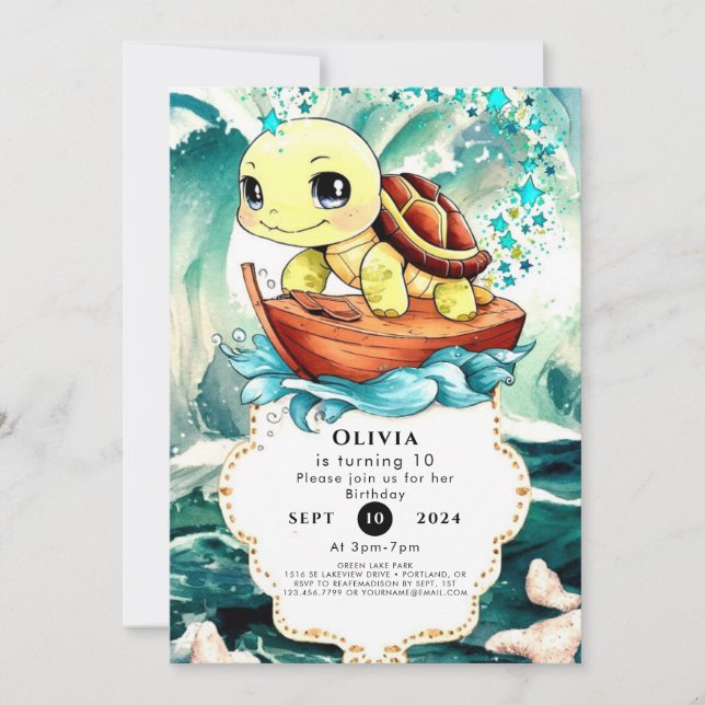  Pastel Marine Turtle Birthday Invitation (Front)