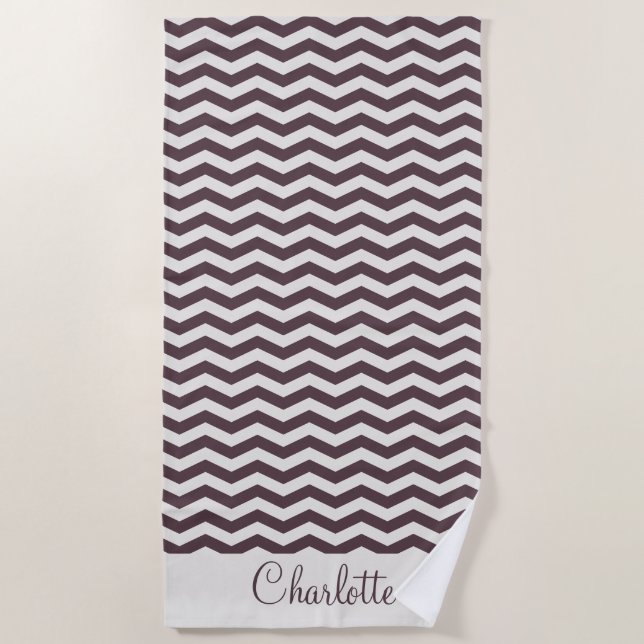 Pastel maroon name zig zag stripe geometric beach towel (Front)
