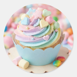 Pastel Marshmallow Rainbow Cupcake Birthday Classic Round Sticker