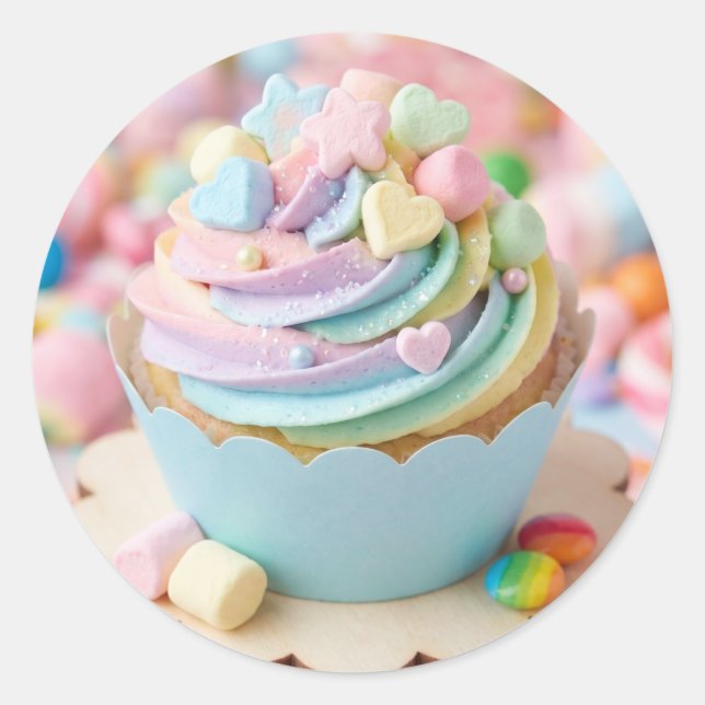 Pastel Marshmallow Rainbow Cupcake Birthday Classic Round Sticker (Front)