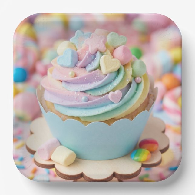 Pastel Marshmallow Rainbow Cupcake Birthday Paper Plate (Front)