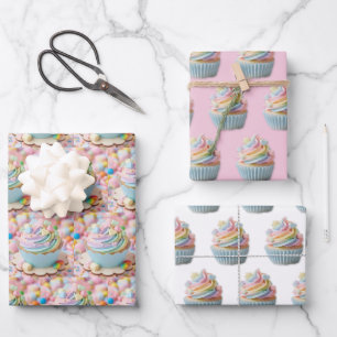Pastel Marshmallow Rainbow Cupcake Birthday Wrapping Paper Sheet