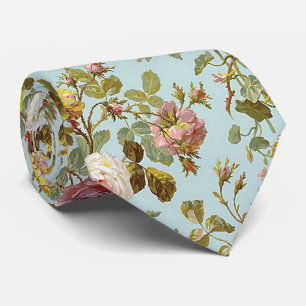 Pastel Mauve Pink Roses Art Pattern On Light Blue Tie