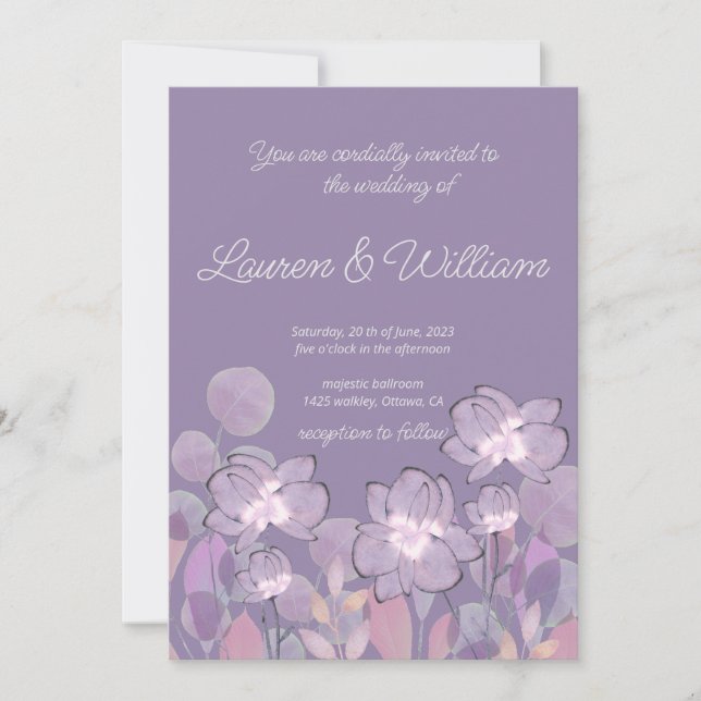 Pastel mauve purple blush floral wedding invitation (Front)