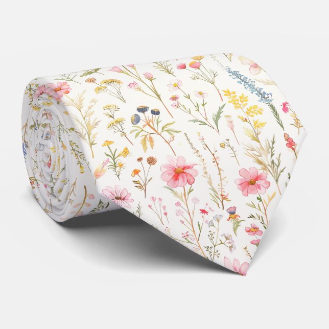 Pastel Meadow Flowers Pattern Tie (Rolled)