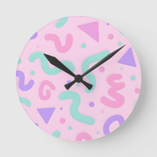 Pastel Memphis Squiggle Geometric Playful Retro Round Clock