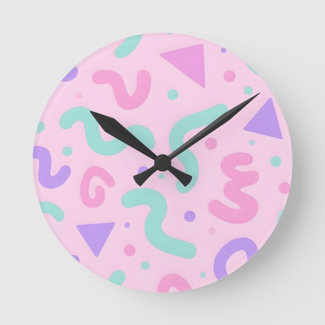 Pastel Memphis Squiggle Geometric Playful Retro  Round Clock (Front)