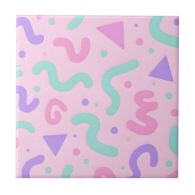 Pastel Memphis Squiggle Geometric Playful Retro  Tile (Front)