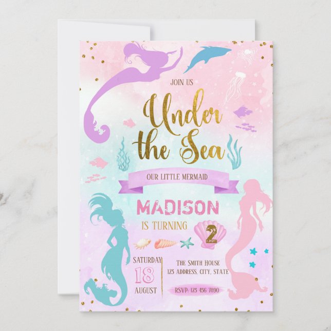 Pastel mermaid birthday invitation (Front)