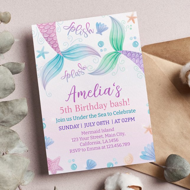 Pastel Mermaid Birthday Party Invitation (Creator Uploaded)