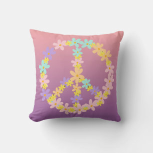 Pastel Mermaid Gradient Floral Hippie Peace Sign  Cushion