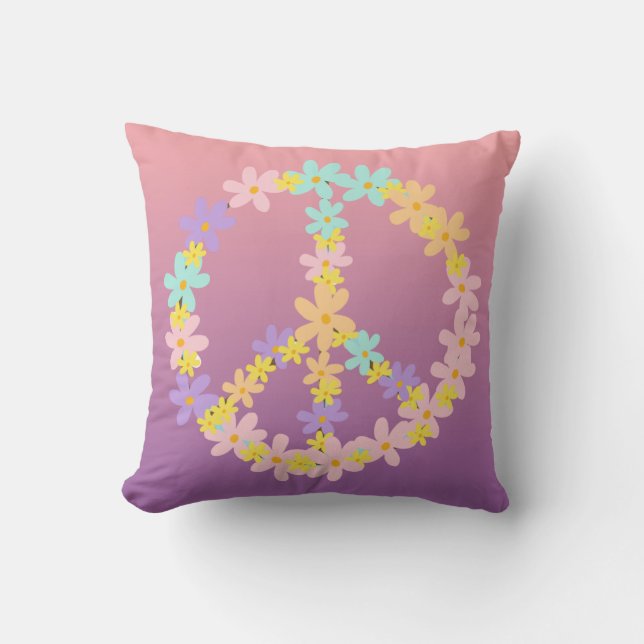 Pastel Mermaid Gradient Floral Hippie Peace Sign  Cushion (Front)