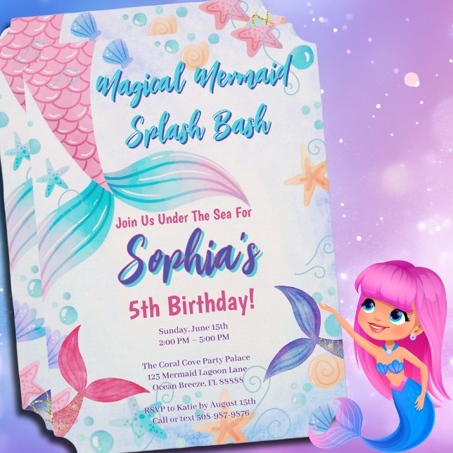 Pastel Mermaid Tail Watercolor Birthday Party Invitation (Mermaid Splash Bash Birthday Invite for an Under the Sea Party that will be unforgettable )