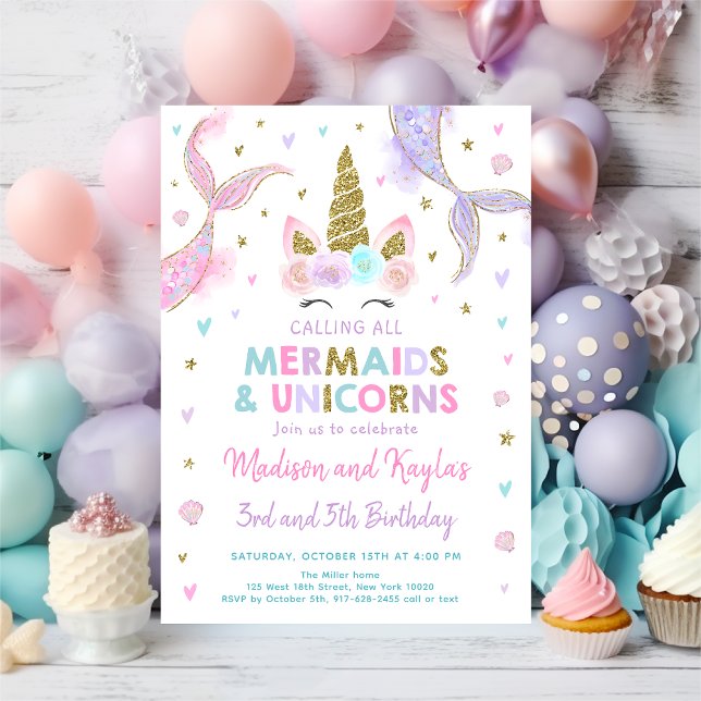 Pastel Mermaids and Unicorns Birthday Invitation (Creator Uploaded)