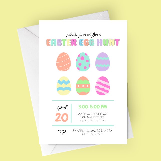 Pastel Minimalist Easter Egg Hunt Invitation (Minimalist Modern Easter Egg Brunch and Egg Hunt Party Invitation with six adorable colored eggs)