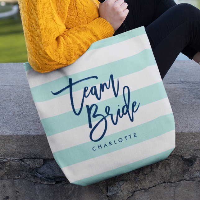 Pastel Mint and White Stripes Blue Team Bride Tote Bag (Creator Uploaded)