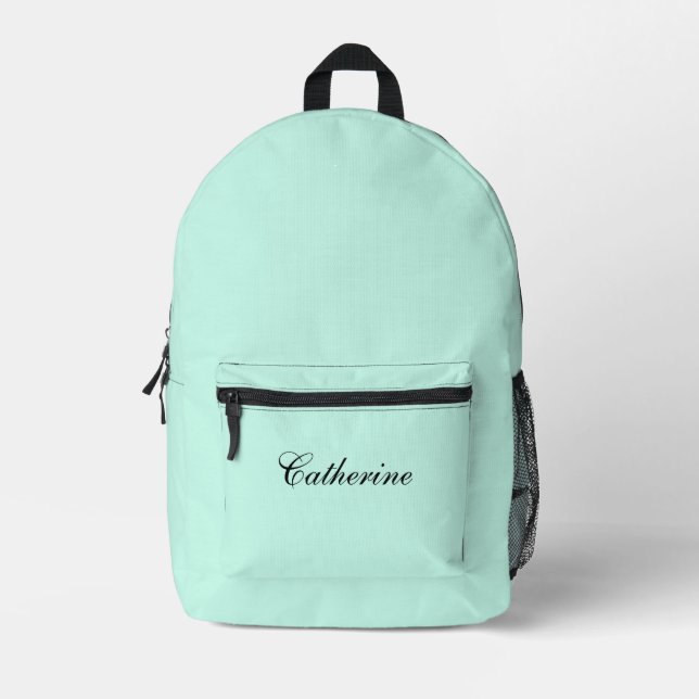 Pastel Mint Blue | Black Personalised Name  Printed Backpack (Front)