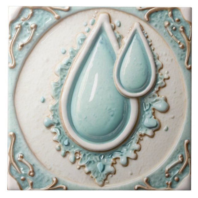 Pastel Mint Blue & White Water Drops Bathroom Tile (Front)