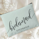 Pastel Mint Bridesmaid Modern Calligraphy Accessory Pouch<br><div class="desc">Celebrate your bridal party with this elegant pastel mint green bridesmaid accessory pouch. Featuring modern calligraphy and customisable with your bridesmaid's name, this pouch is both stylish and practical. The soft dusty sage colour and elegant script create a sophisticated look, perfect for holding makeup, toiletries, or other essentials. This personalised...</div>