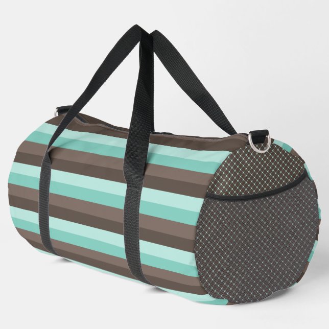 PASTEL MINT GREEN AND BROWN PATTERNS & STRIPES DUFFLE BAG (Right Corner)