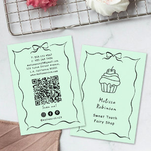 Pastel Mint Green Bakery Cake, Coquette & QR Code Business Card