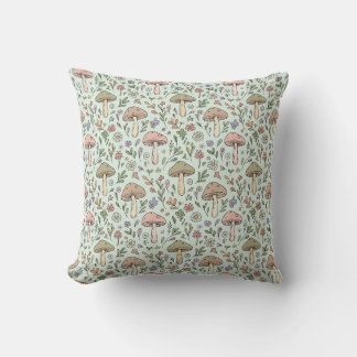 Pastel Mint Green Cottagecore Fungi Seamless Cushion