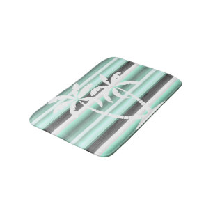 Pastel Mint Green Grey Watercolor Stripes Pattern Bath Mat