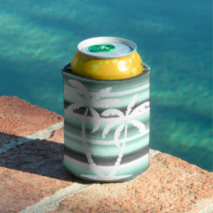 Pastel Mint Green Grey Watercolor Stripes Pattern Can Cooler