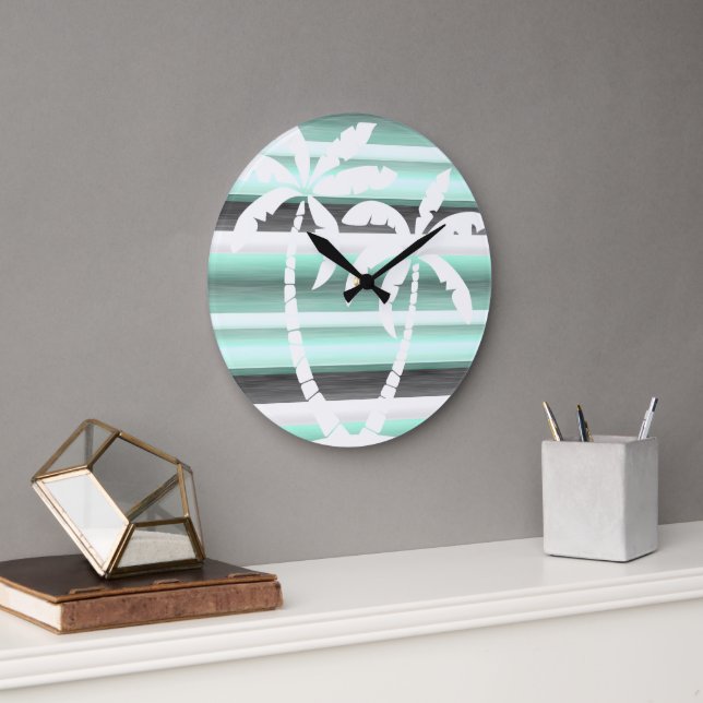 Pastel Mint Green Grey Watercolor Stripes Pattern Large Clock (Office)