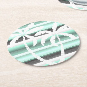 Pastel Mint Green Grey Watercolor Stripes Pattern Round Paper Coaster