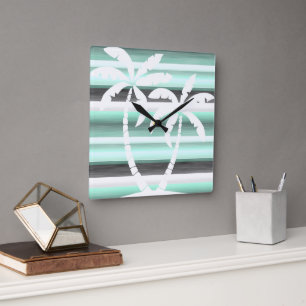 Pastel Mint Green Grey Watercolor Stripes Pattern Square Wall Clock