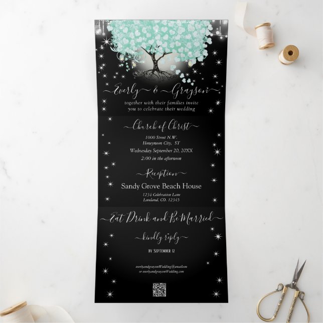 Pastel Mint Green on Black Heart Leaf Wedding Tri-Fold Invitation (Inside)