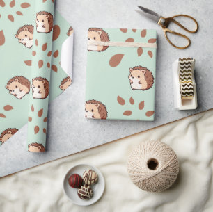 Pastel Mint Green Seamless Hedgehog Wrapping Paper
