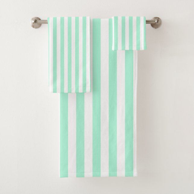 Pastel Mint Green Stripes Solid Colour Summer Bath Towel Set (Insitu)
