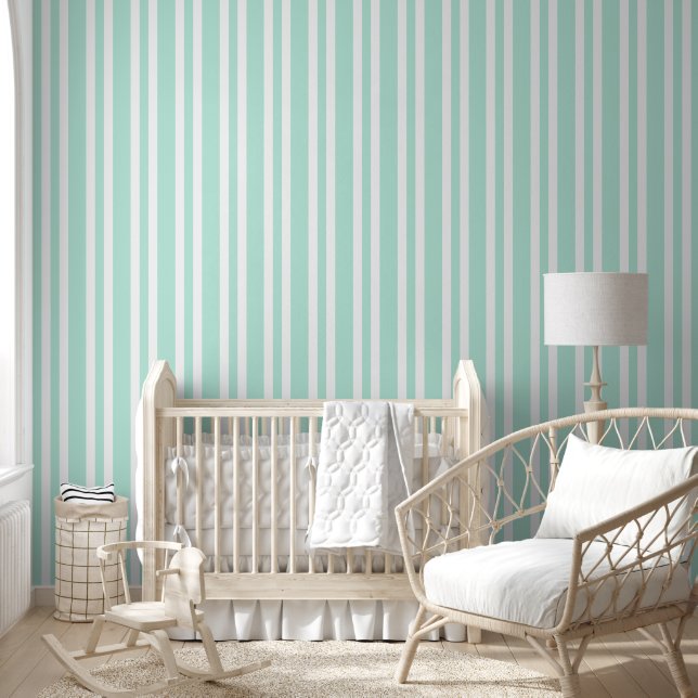 Pastel Mint Green White Stripes Pattern Wallpaper (Kids)