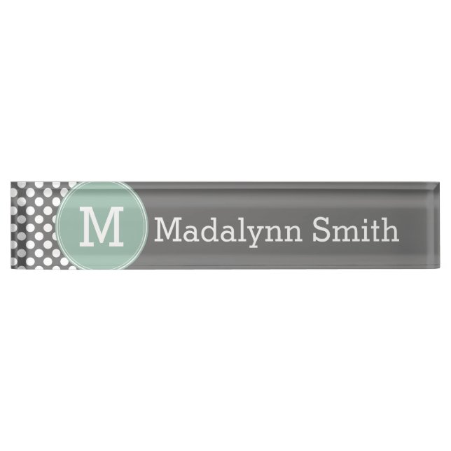 Pastel Mint & Grey Polka Dots with Custom Monogram Nameplate (Front)