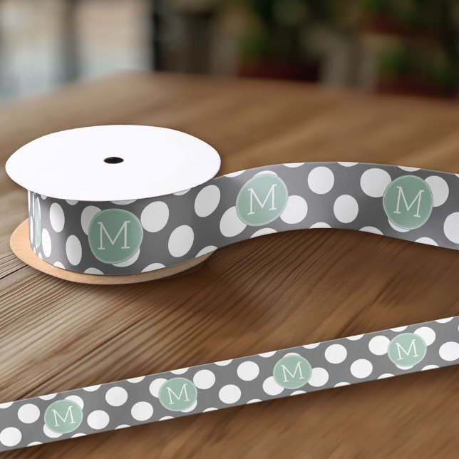 Pastel Mint & Grey Polka Dots with Custom Monogram Satin Ribbon (Custom Ribbon - add your personalized text)