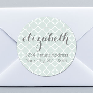 Pastel Mint & Grey Quatrefoil Pattern Custom Name Classic Round Sticker