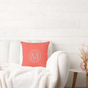 Pastel Mint Monogram Coral Geometric Rings Pattern Cushion