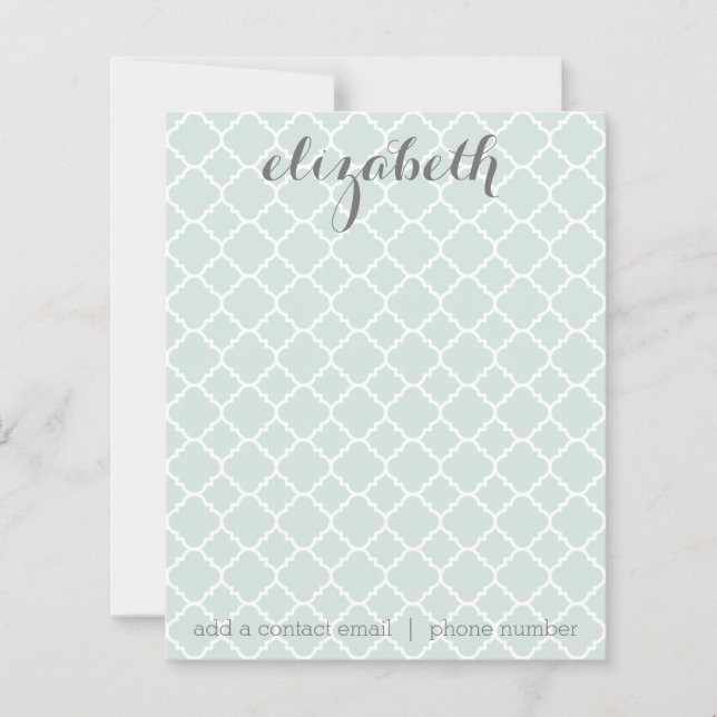 Pastel Mint Quatrefoil Pattern Custom Name Note (Front)