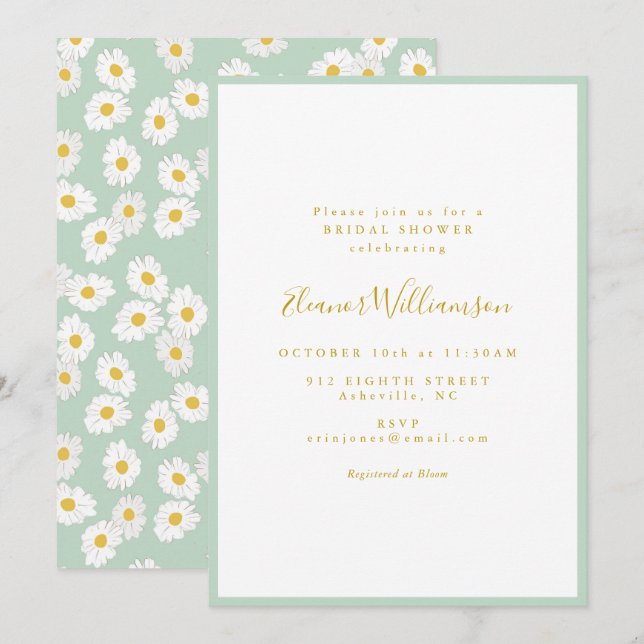 Pastel Mint Sage Retro Daisy Floral Bridal Shower Invitation (Front/Back)