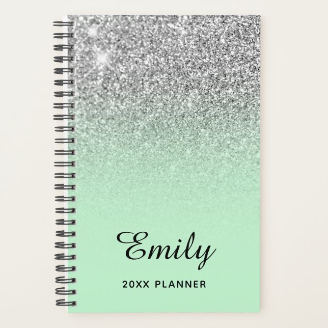 Pastel Mint Silver Glitter Ombre Personalised Planner (Front)