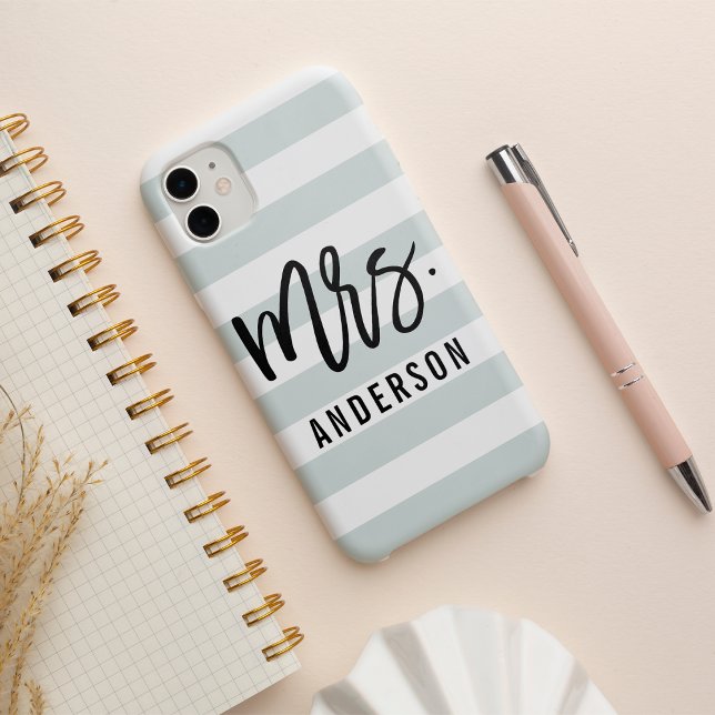 Pastel Mint Stripe New Mrs Last Name Bride iPhone Case (Creator Uploaded)
