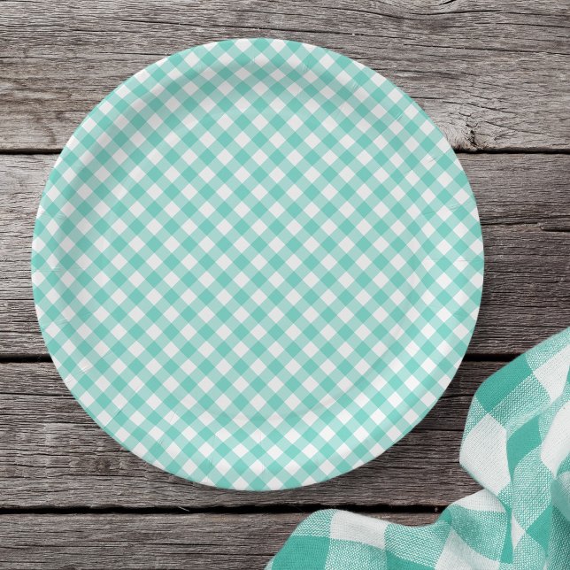 Pastel Mint Turquoise Gingham Paper Plate (Creator Uploaded)