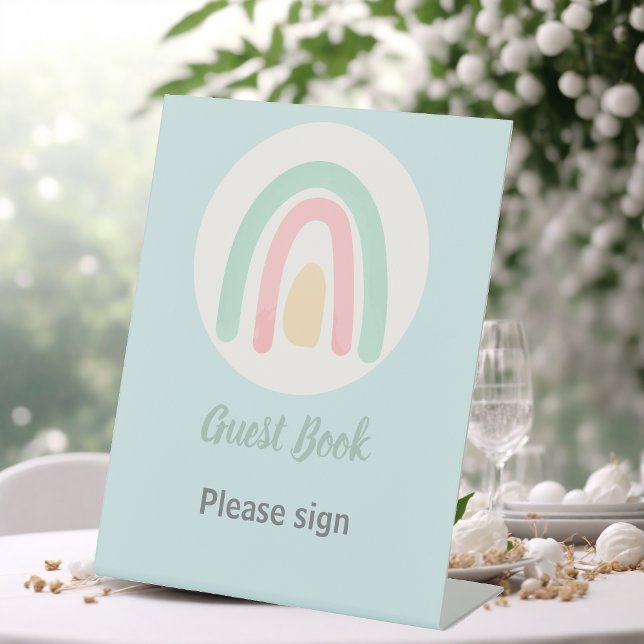 Pastel Minty Blue Rainbow Baby Shower Guest Book   Pedestal Sign (Creator Uploaded)