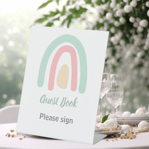 Pastel Minty Rainbow Baby Shower Guest Book Pedestal Sign
