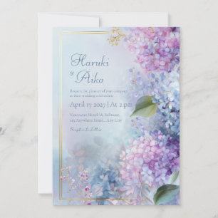 Pastel Misty Hydrangea Gilded Gold Frame Wedding Invitation