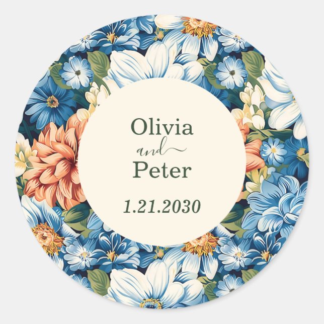 Pastel Modern Floral Wedding Classic Round Sticker (Front)