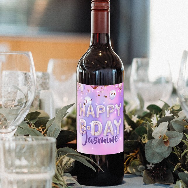 Pastel Modern Glam Trendy Balloons Happy Birthday Wine Label (Creator Uploaded)